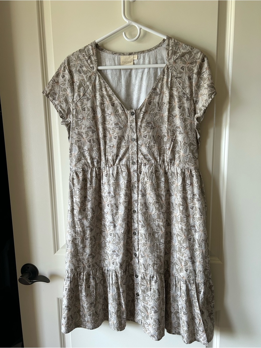 Button-Front Mini Dress in Taupe Floral by REISTOR